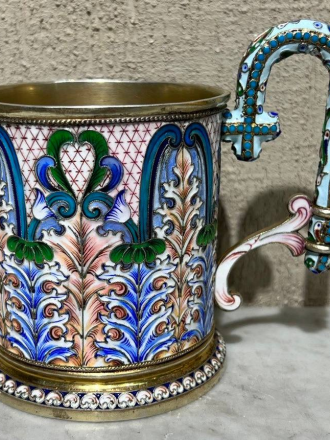 Подстаканник из серебра, 19 век, 84 проба, перегородчатая расписная эмаль, модерн