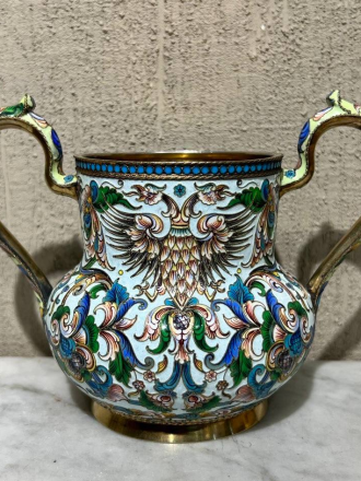 Серебряная сахарница 19 века, 84 проба, эмаль