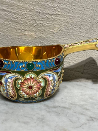 Ковш, мастер Густав Глингерт, зернь, кабошоны, 12,8 см, 134 грамма