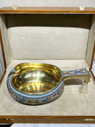Великолепный ковш, серебро 84 пробы, 19 век, расписная эмаль