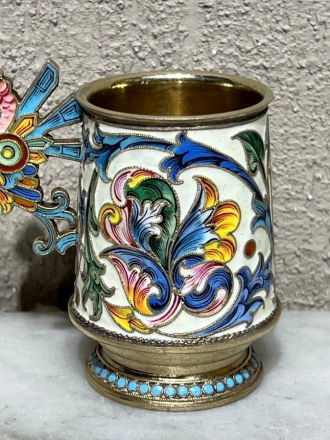 Редкая чарка Рюкерта-Овчинникова,19 век, серебро 84 пробы, эмаль (5,5 см)